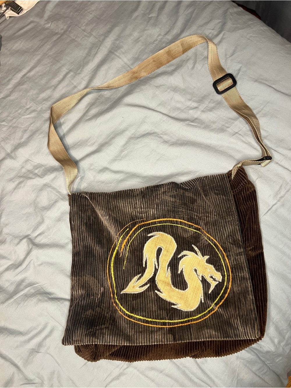 Corduroy Dragon Messenger Bag - Brown